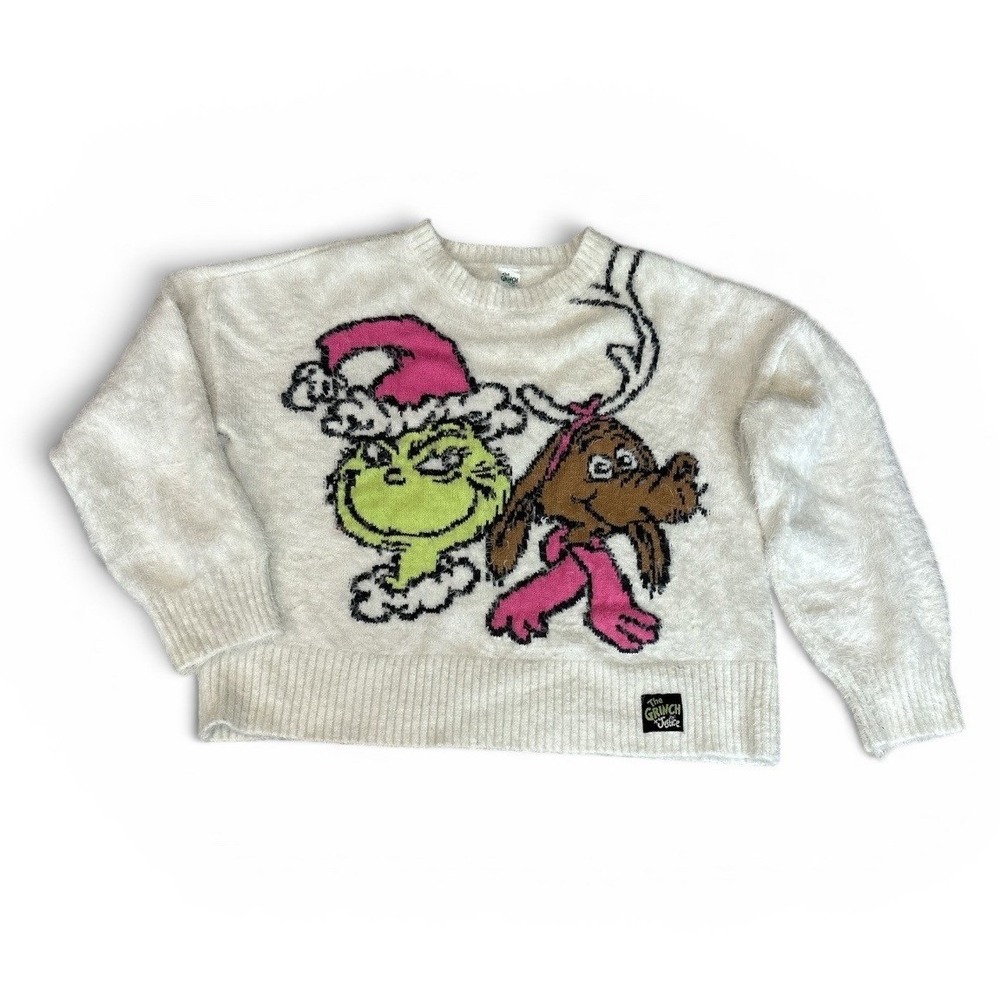 The Grinch by Justice Girls XL 16/18 Fuzzy Knit Christmas Sweater Cream Max Dog